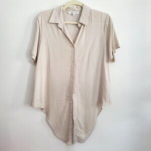 Beige Button Down Shirt Front-tie half sleeve rayon Summer Women Size M